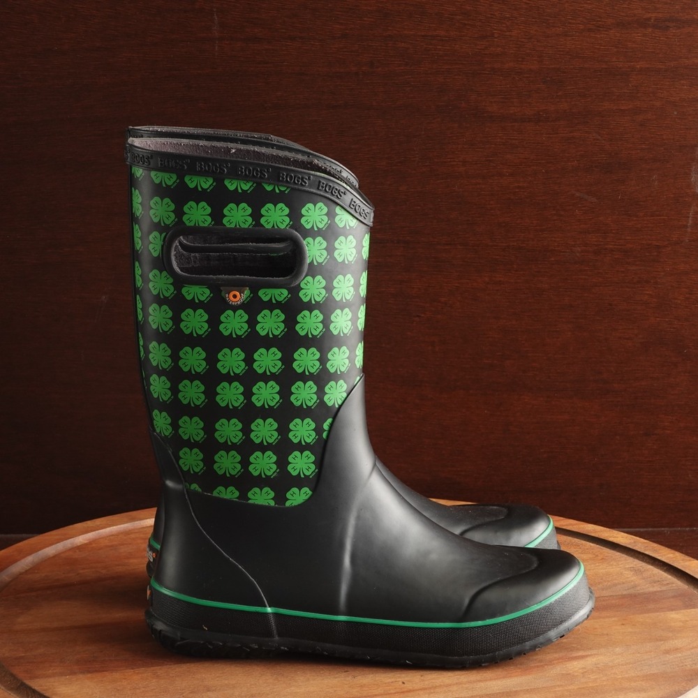 Bogs Rain Boots Youth SZ 6 BLK Green 4-H Waterproof Chore Outdoor Utility Garden